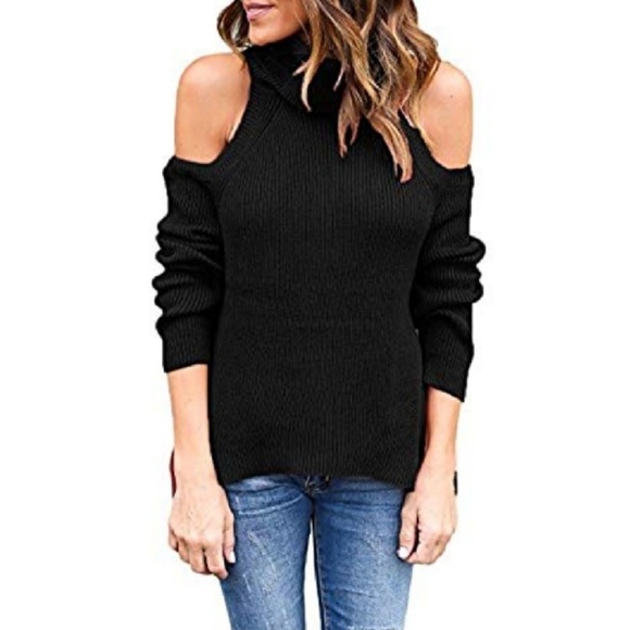 boutique Tops - Cold Shoulder Sweater Cowl Neck Cable Knit Black